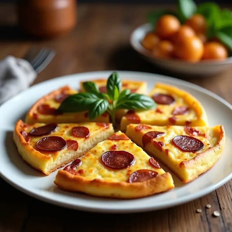 Tortilla dorada y jugosa de chorizo y patatas panaderas cortada en porciones, con trozos de chorizo ibérico y patatas tiernas visibles, servida en un plato blanco rústico con fondo de madera. Receta de tupper con toque a humo.