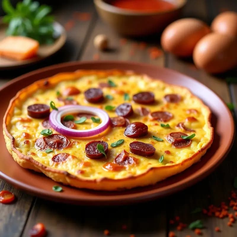 Tortilla de chorizo y patatas dorada por fuera y jugosa por dentro, servida en un plato de barro con rodajas de cebolla morada visibles y un toque picante. Receta tradicional española sin lactosa.
