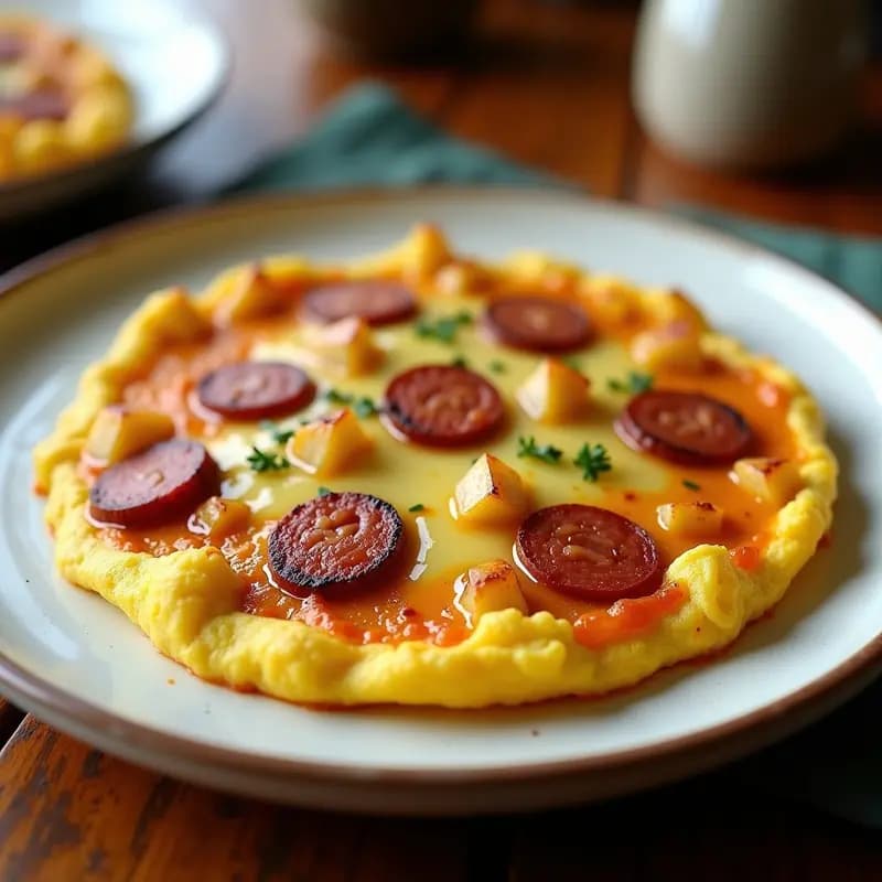 Tortilla de chorizo y patatas en sartén antiadherente, dorada por fuera y jugosa por dentro, con trozos de chorizo y cebolla caramelizada visibles. Servida en plato rústico con perejil fresco espolvoreado.