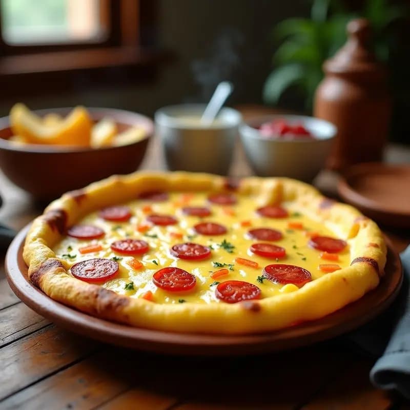 Tortilla dorada y jugosa con trozos de chorizo fresco y patatas en rodajas, servida en plato de barro con fondo rústico aragones.