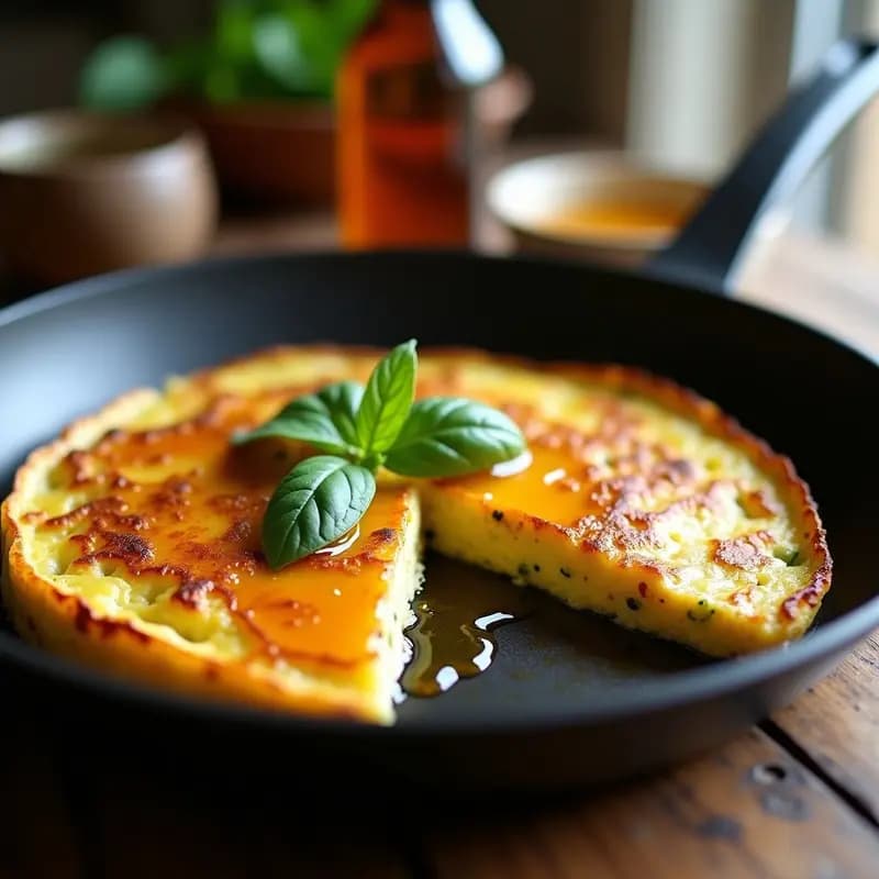 Tortilla dorada de chotos con miel de caña en sartén antiadherente, cortada en porciones, con brillo meloso en superficie y rodajas de chotos visibles.