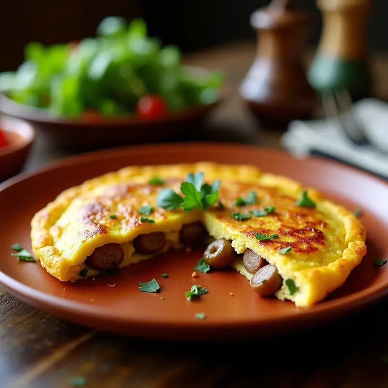 Tortilla dorada y esponjosa con trozos de chuletas de cordero y pimientos del Padrón salteados, decorada con perejil fresco, servida en plato rústico de barro.