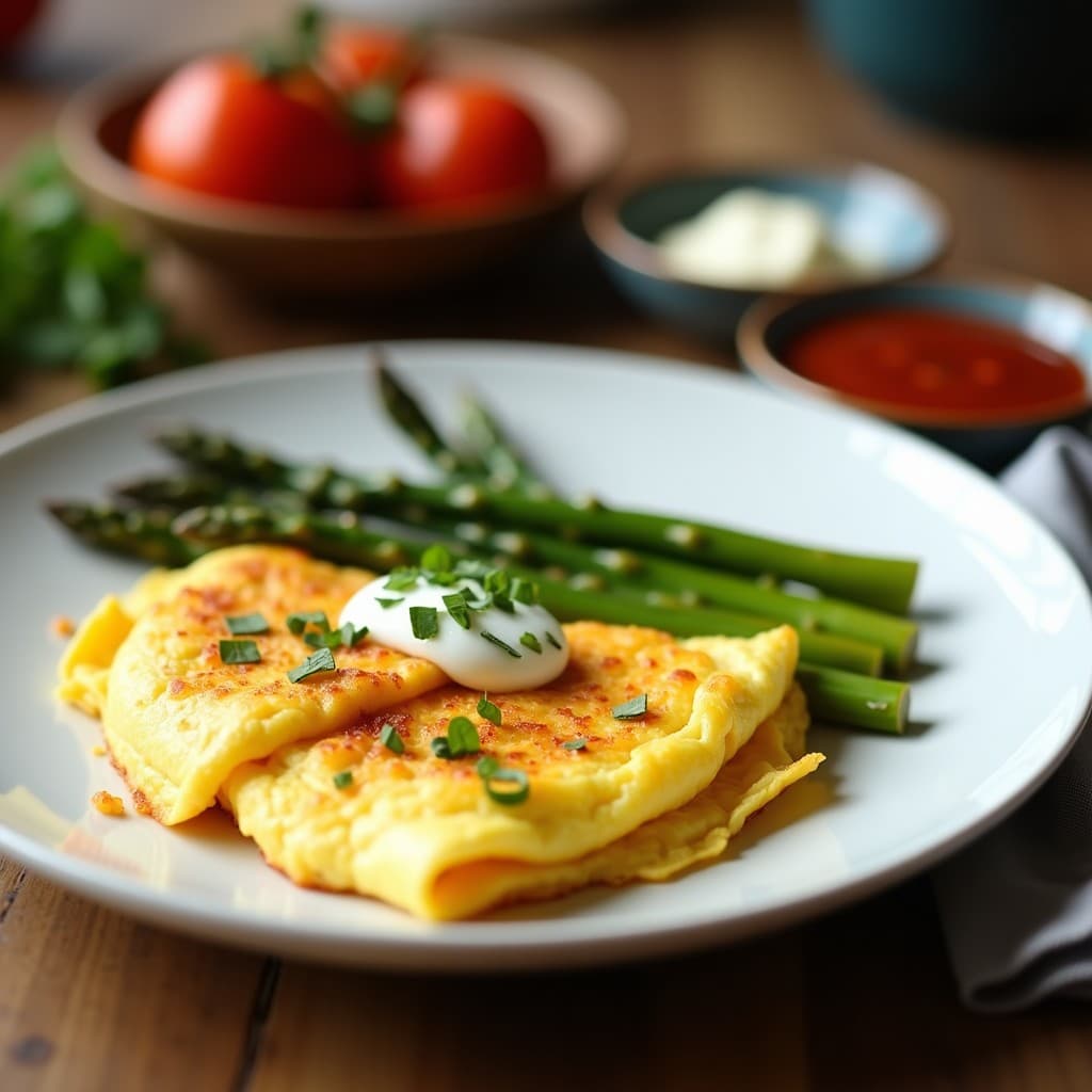 Tortilla dorada y esponjosa de clara de huevo con trozos de espárragos trigueros, servida en plato blanco con perejil fresco picado, receta keto y alta en proteína en airfryer.