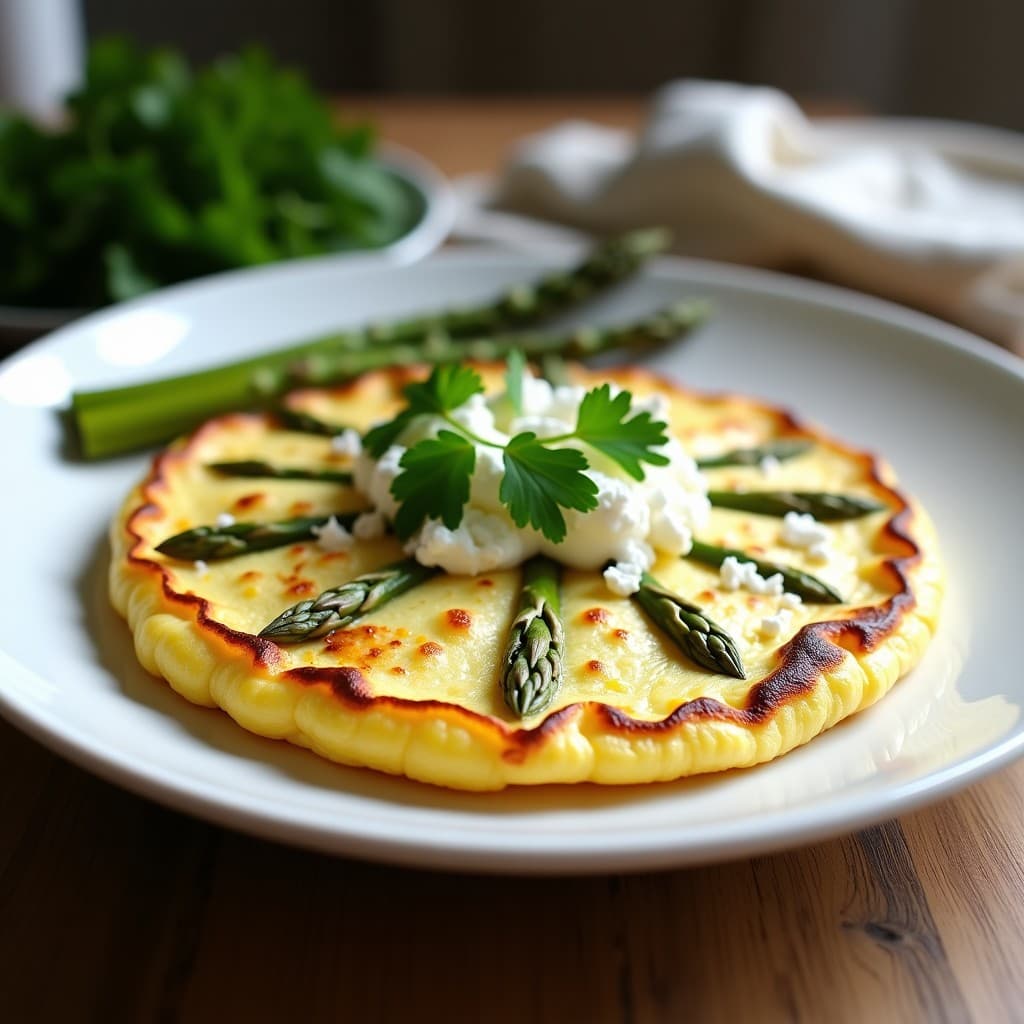 Tortilla esponjosa de claras con espárragos trilados y trozos de queso feta dorado, servida en plato blanco con perejil fresco, receta keto en airfryer.