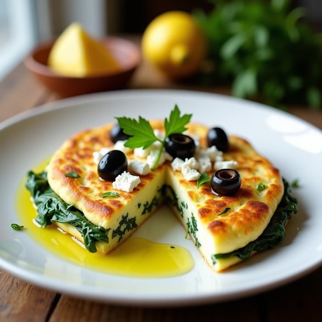 Tortilla dorada y esponjosa de claras con espinacas verdes, aceitunas kalamata negras y queso feta desmenuzado, servida en plato blanco con perejil fresco. Desayuno keto alto en proteína.