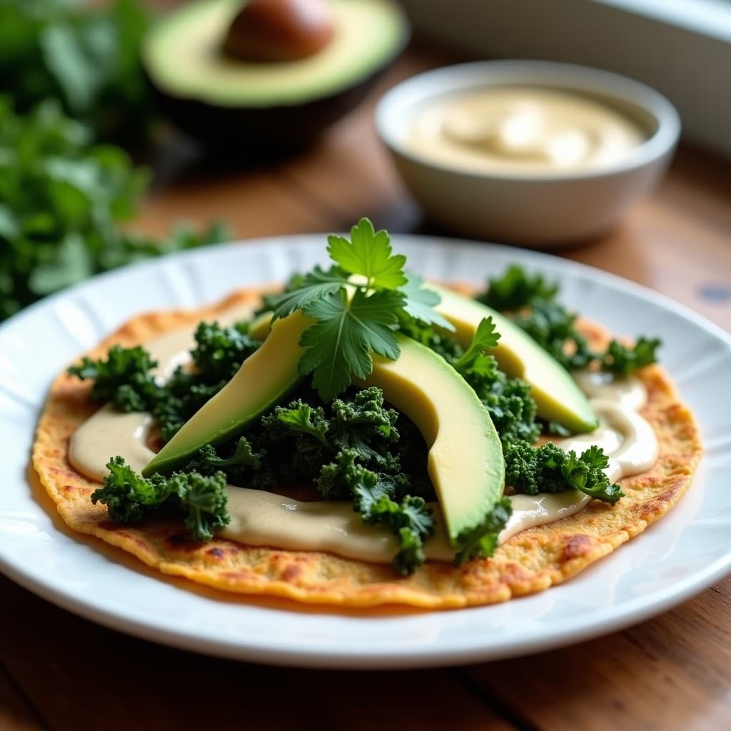 Tortilla dorada de col rizada y semillas de cáñamo servida en plato blanco, acompañada de salsa de tahini cremosa, rodajas de aguacate y hojas de cilantro fresco. Desayuno keto y vegano en sartén.