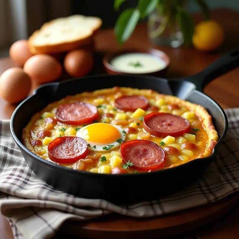 Tortilla de colación aragonesa dorada en una sartén de hierro, con trozos de patata, cebolla y chorizo fresco visibles, lista para llevar al campo.