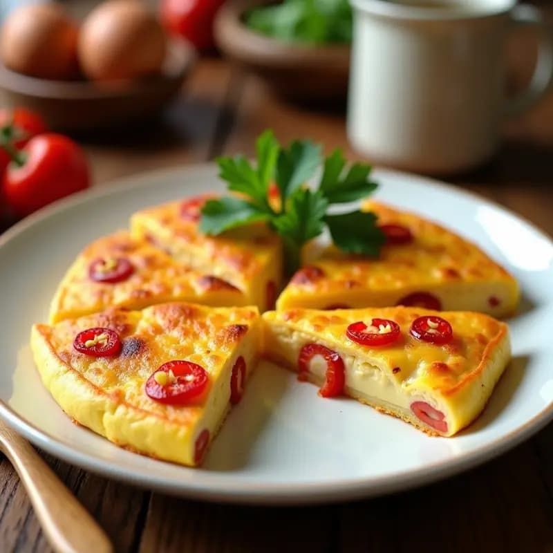 Tortilla de colación dorada y jugosa con trozos de atún y pimientos del piquillo, cortada en porciones sobre un plato blanco. Acompañada de perejil fresco y un tenedor de madera. Receta de tupper fácil y nutritiva.