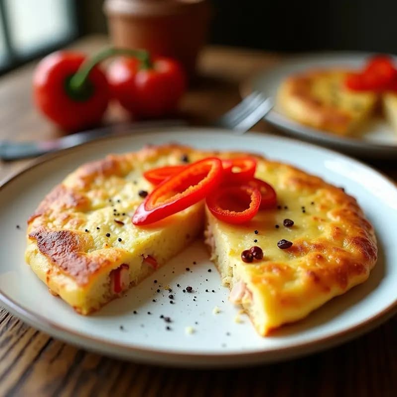 Tortilla de colación dorada y jugosa con trozos de atún y pimientos del piquillo, servida en plato blanco con decoración de tiras de pimiento rojo. Receta rápida para cenas.
