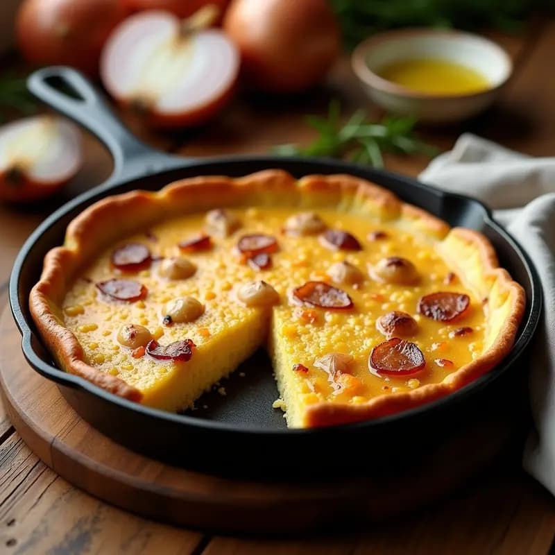 Tortilla de colación con cebolla caramelizada en sartén de hierro, dorada por fuera y jugosa por dentro, con trozos de pan tostado visibles y cebolla melosa. Plato tradicional español dulce.