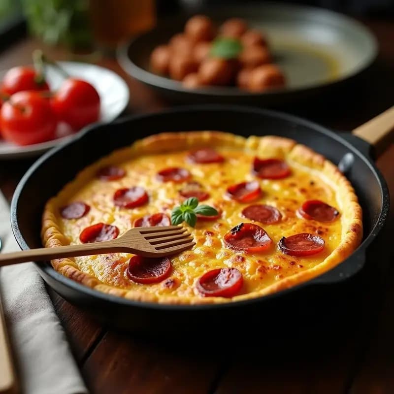 Tortilla de colación dorada en sartén antiadherente con trozos de chorizo y tiras de pimientos asados, acompañada de un tenedor de madera sobre fondo rústico.