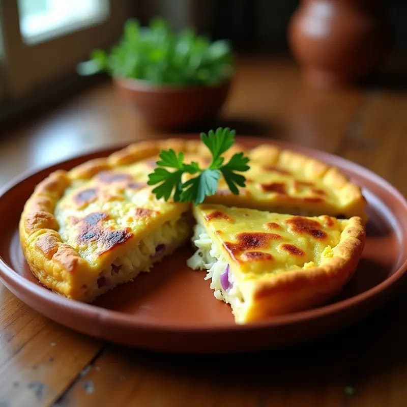 Tortilla de colación dorada y esponjosa con trozos visibles de lechuga fresca, cebolla morada y atún, cortada en porciones y servida en un plato de barro rústico.
