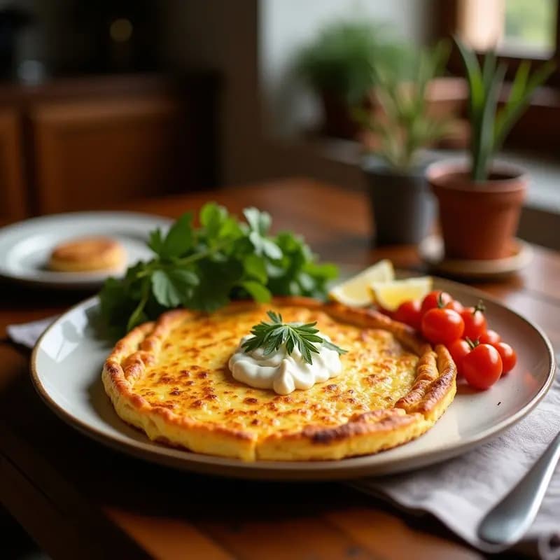Tortilla de colación dorada con trozos de lomo embuchado y migas de pan, servida en plato de barro rústico sobre mesa de madera. Receta tradicional sevillana de Semana Santa.