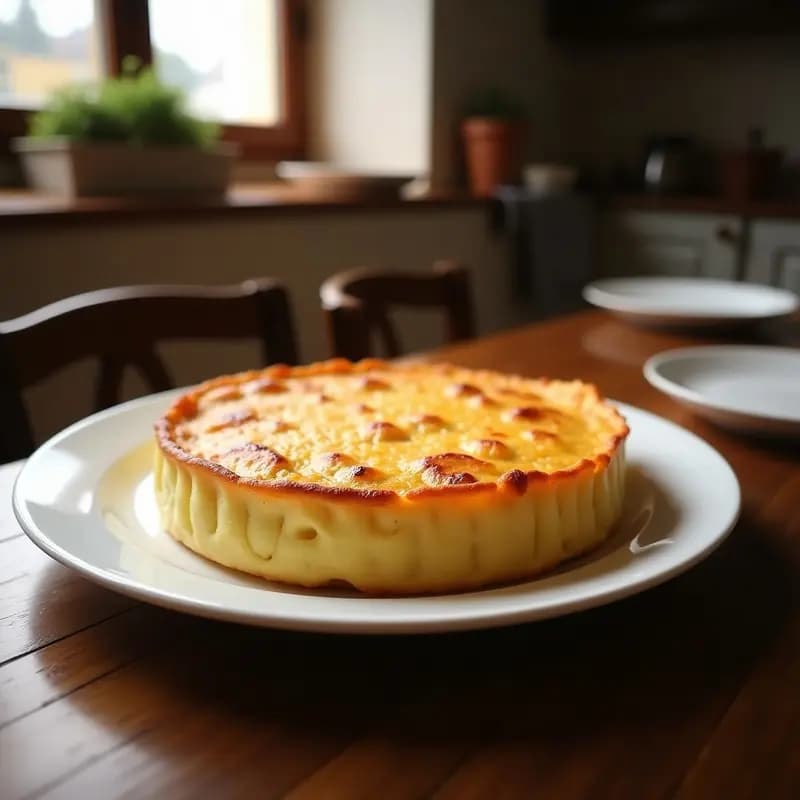 Tortilla de colación dorada con trozos de morcilla de Burgos y cebolla morada, servida en plato de barro rústico, típica receta castellana de Semana Santa.