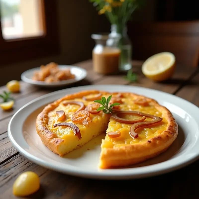 Tortilla de colación dorada con trozos de patata y cebolla caramelizada, cortada en porciones y servida en plato de cerámica blanca sobre fondo rústico de madera. Receta tradicional española de tapa.
