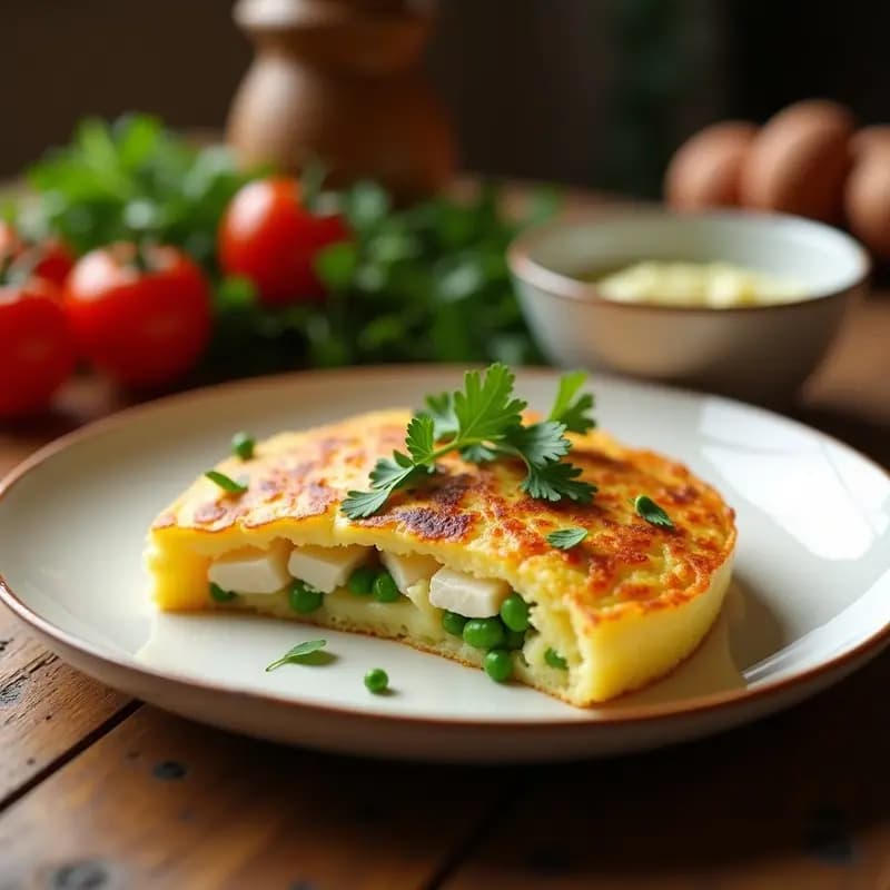 Tortilla de colación dorada y esponjosa con trozos de merluza desmenuzada, patatas finas y guisantes verdes, servida en plato blanco rústico con perejil fresco espolvoreado.