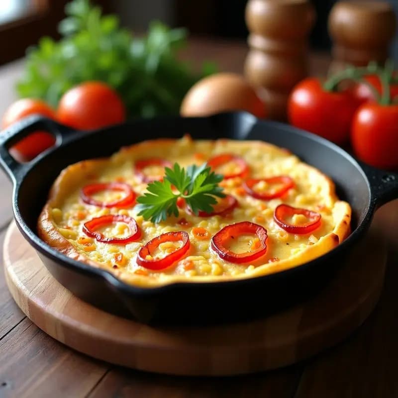 Tortilla de colación andaluza dorada en sartén de hierro, con trozos de patata, pimiento asado rojo y bacalao desmenuzado. Acompañada de una ramita de perejil fresco sobre fondo rústico de madera.