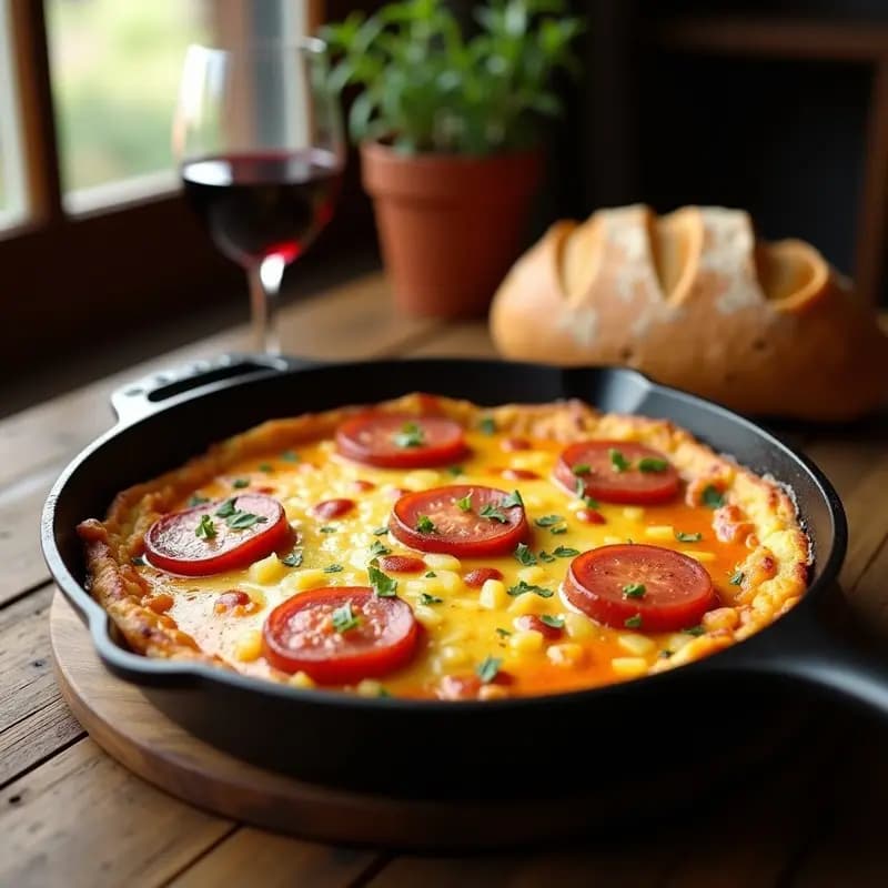 Tortilla de colación madrileña dorada en sartén antiadherente, con trozos de patata y chorizo visibles, cortada en porciones triangulares sobre plato de barro. Receta tradicional de tapa caliente.