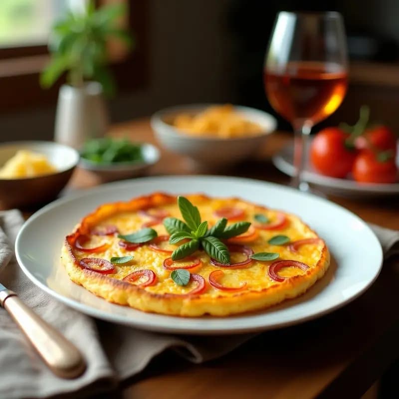 Tortilla de colación andaluza dorada y jugosa con trozos de patata y pimientos del padrón, servida en plato de barro rústico con perejil fresco.