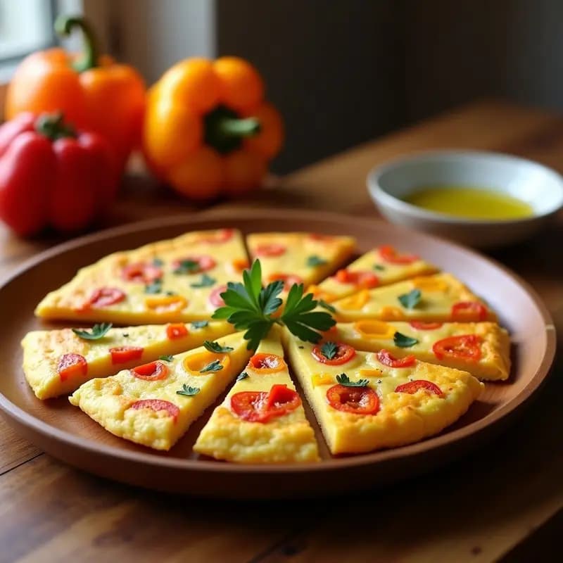 Tortilla de colación dorada con trozos de pimientos asados rojos y amarillos, cortada en porciones sobre un plato de madera rústica, acompañada de perejil fresco. Tapa murciana tradicional para llevar en tupper.