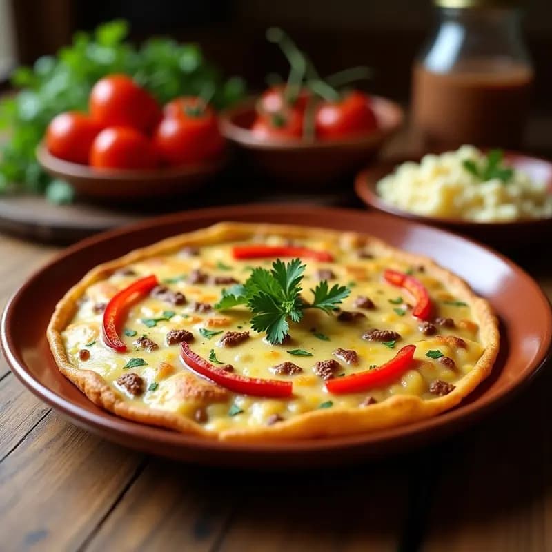 Tortilla de colación dorada y esponjosa con trozos de solomillo jugoso y tiras de pimientos asados rojos, servida en plato rústico de barro con perejil fresco espolvoreado.