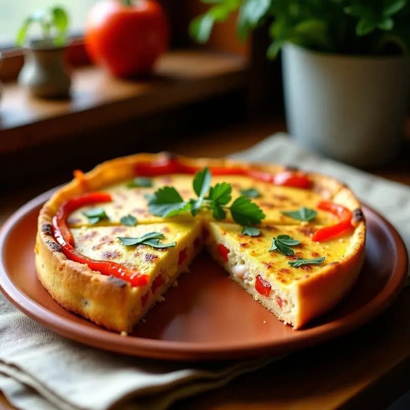 Tortilla de colaciones dorada y esponjosa con trozos de atún y tiras de pimientos asados rojos, decorada con perejil fresco, servida en un plato blanco sobre fondo rústico de madera.