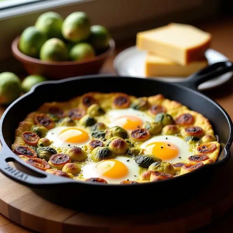 Tortilla dorada en sartén de hierro con coles de Bruselas caramelizadas y trozos de queso Idiazábal fundido, receta vasca sin harina.
