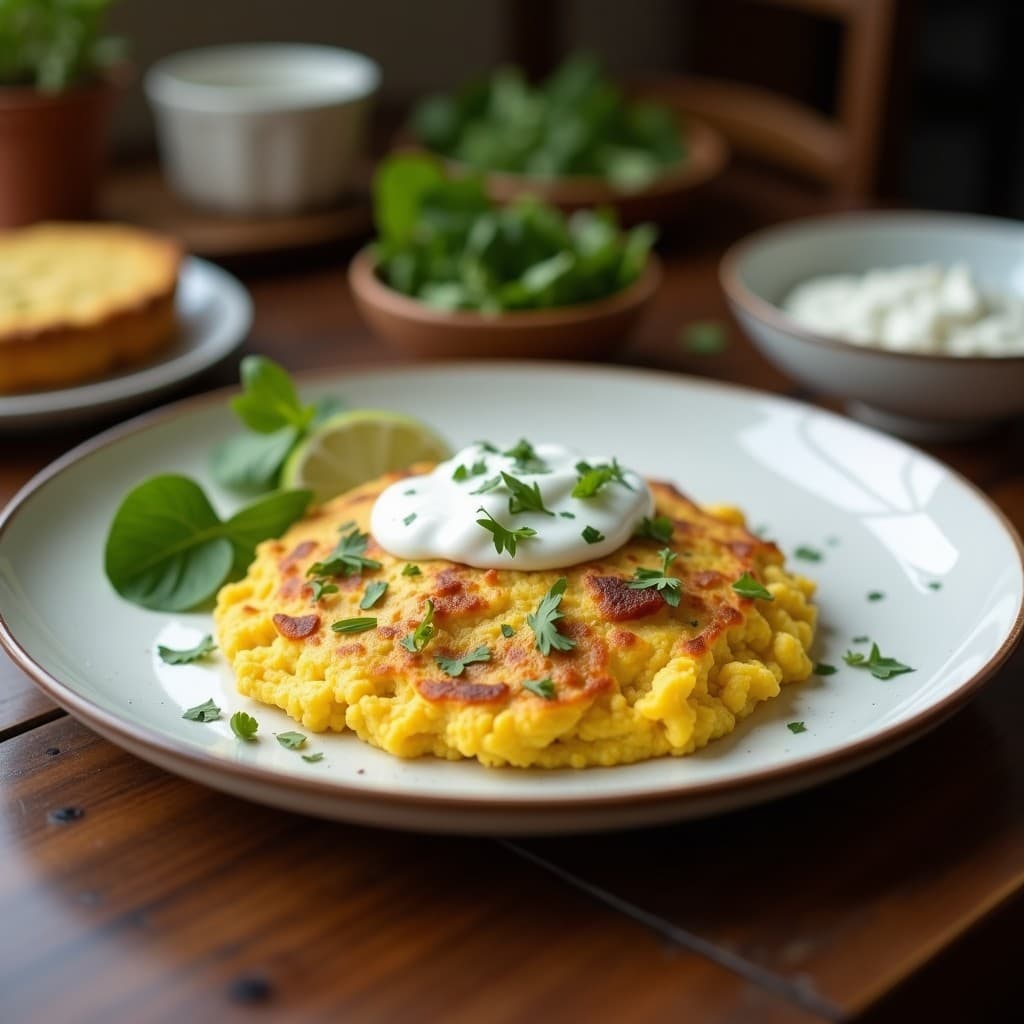 Tortilla dorada de coliflor y astrágalo cortada en triángulos, servida en plato blanco con salsa cremosa de yogur de coco espolvoreada con semillas de sésamo y cilantro fresco. Desayuno keto y antiinflamatorio listo para disfrutar.