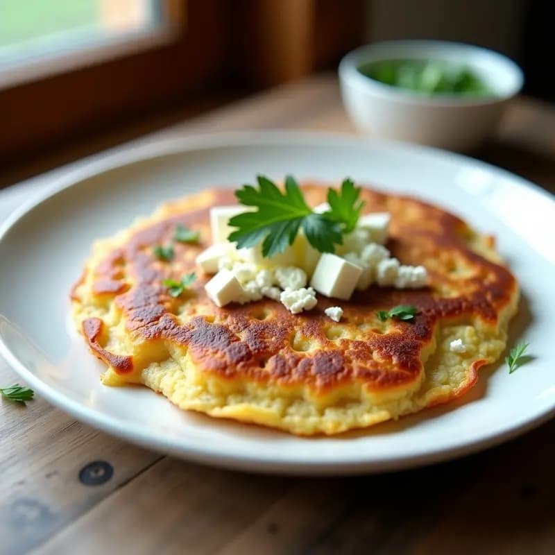 Tortilla dorada de coliflor y cebolla morada con queso feta vegano desmenuzado, espolvoreada con perejil fresco. Plato keto y vegano servido en fuente de cerámica blanca sobre mesa de madera rústica.