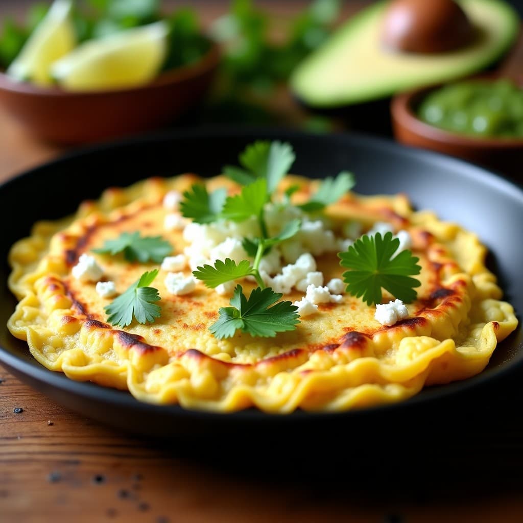 Tortilla dorada de coliflor y cilantro keto en sartén antiadherente, con queso cotija desmenuzado y hojas de cilantro fresco por encima, servida con rodajas de limón y aguacate al lado. Receta mexicana baja en carbohidratos.