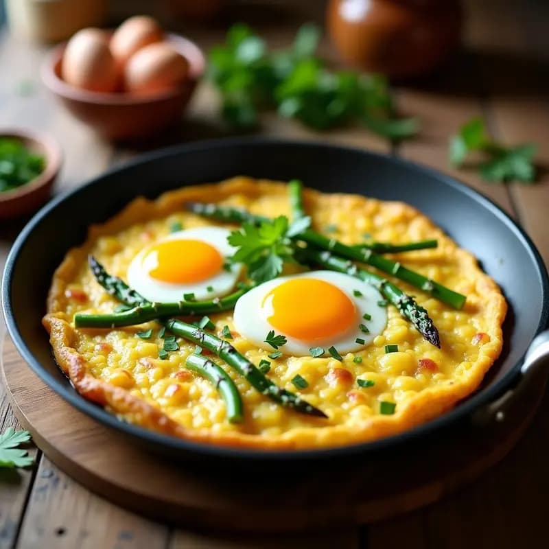 Tortilla dorada y esponjosa de coliflor rallada y espárragos trigueros con huevos de codorniz, servida en sartén antiadherente con perejil fresco espolvoreado. Desayuno sin gluten saludable y fácil.
