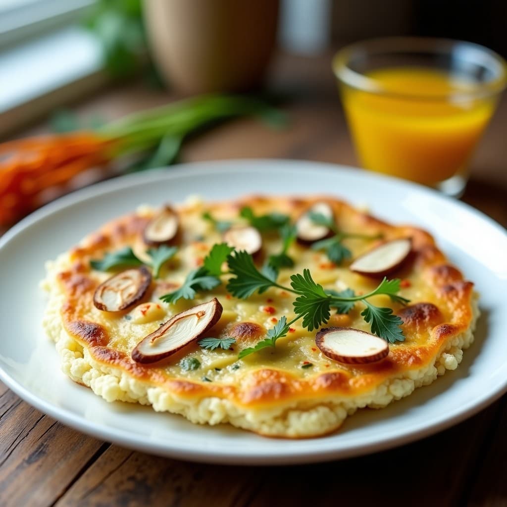 Tortilla dorada de coliflor y espárragos blancos con vinagreta de azafrán, servida en plato blanco con almendras fileteadas y perejil fresco. Desayuno keto y sin lácteos con textura esponjosa y aroma sofisticado.