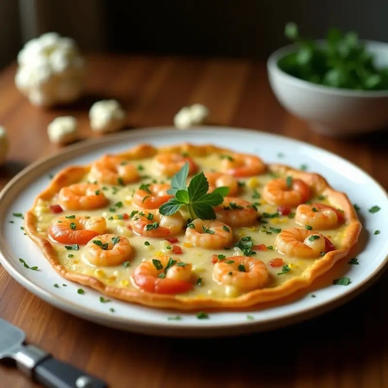 Tortilla dorada y jugosa de coliflor y gambas con ajo picado, servida en plato blanco rústico con perejil fresco espolvoreado, receta tradicional sin harina.