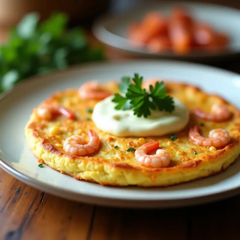 Tortilla dorada de coliflor y gambas servida en plato blanco rústico, con alioli casero cremoso y perejil fresco espolvoreado, receta típica Costa Brava sin harina.