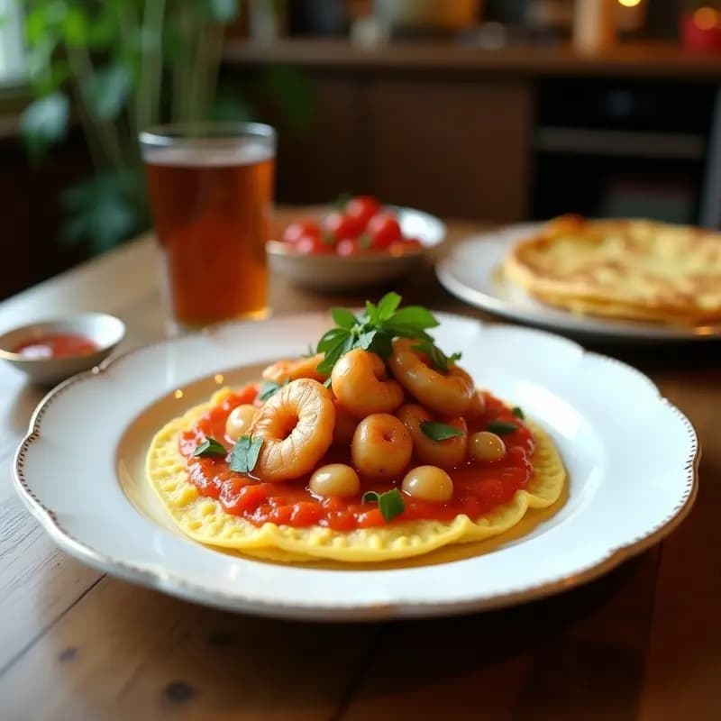 Tortilla dorada y esponjosa de coliflor y gambas cortada en porciones, servida en un plato blanco con perejil fresco espolvoreado. Receta sin gluten y alta en proteínas, ideal para desayuno o cena.