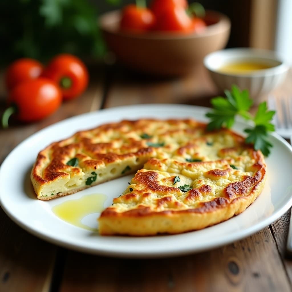 Tortilla de coliflor y pimientos del padrón dorada y esponjosa, servida en plato blanco con pimientos asados y hierbas frescas al lado, receta keto y sin lactosa en airfryer.