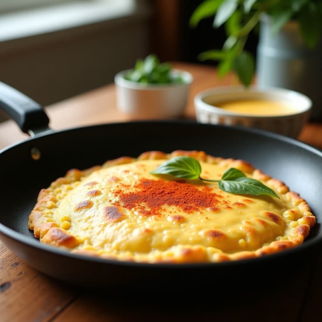 Tortilla dorada de coliflor y queso de anacardos en sartén antiadherente, con textura crujiente por fuera y cremosa por dentro, acompañada de una salsa de queso de anacardos espesa. Plato ideal para desayuno keto sin lactosa.