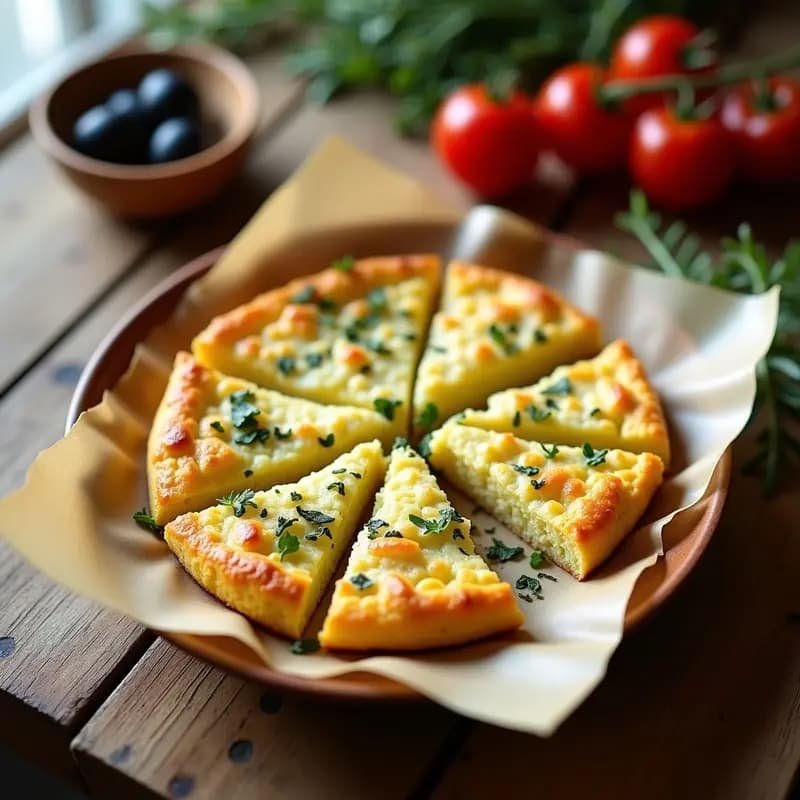 Tortilla dorada de coliflor y queso de cabra con hierbas provenzales, cortada en porciones cuadradas sobre papel de horno. Textura esponjosa con trocitos de queso cremoso y hierbas visibles. Plato rústico de fondo con aceitunas y tomates cherry como decoración.