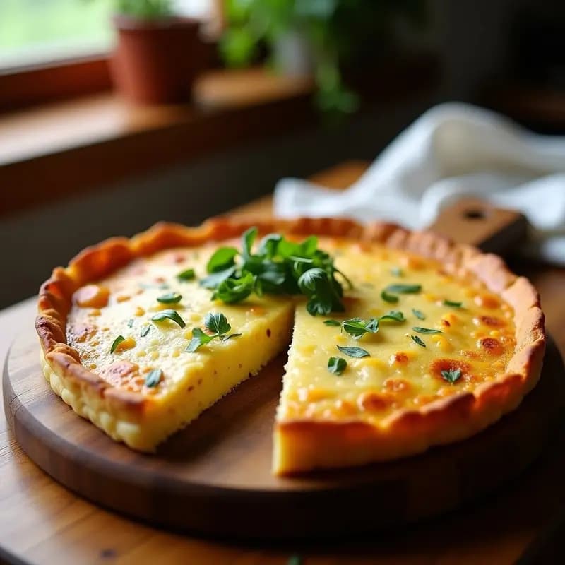 Tortilla dorada de coliflor y queso Idiazábal cortada en porciones, con textura jugosa y queso fundido visible, servida sobre una tabla de madera rústica con perejil fresco espolvoreado.