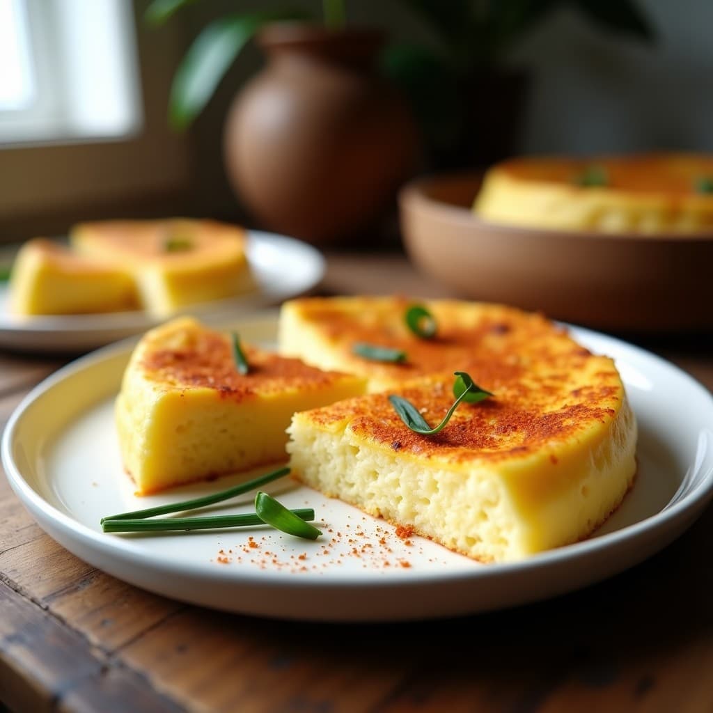 Tortilla dorada y esponjosa de coliflor y queso manchego rallado, cortada en porciones, con textura cremosa y bordes ligeramente crujientes, servida en plato blanco sobre fondo rústico de madera.