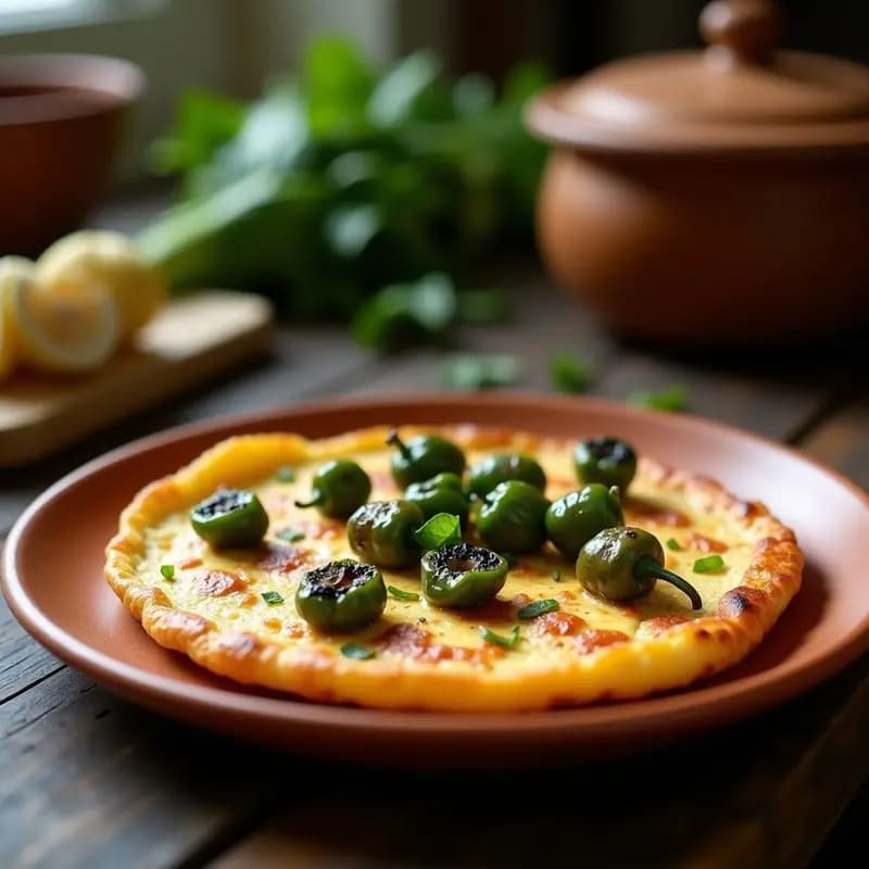 Tortilla dorada y jugosa con trozos de coltortos y pimientos del padrón fritos encima, servida en plato rústico de barro con fondo de madera. Receta asturiana tradicional.