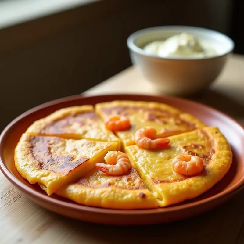 Tortilla de criadillas gaditana dorada y jugosa, con trocitos de marisco visibles, servida en plato blanco rústico con perejil fresco espolvoreado.