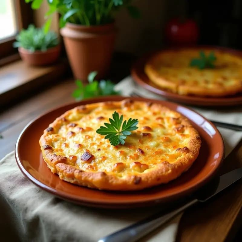 Tortilla de criadillas gallega dorada, jugosa y esponjosa, con trozos de marisco visibles, servida en plato de barro rústico sobre mesa de madera.
