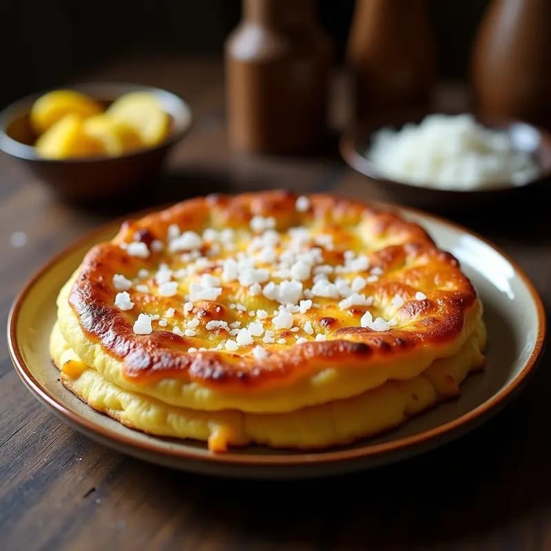 Tortilla dorada y crujiente con cristales de sal brillantes en la superficie, acompañada de patatas panaderas en rodajas finas. Plato tradicional madrileño servido en una fuente de barro rústica.