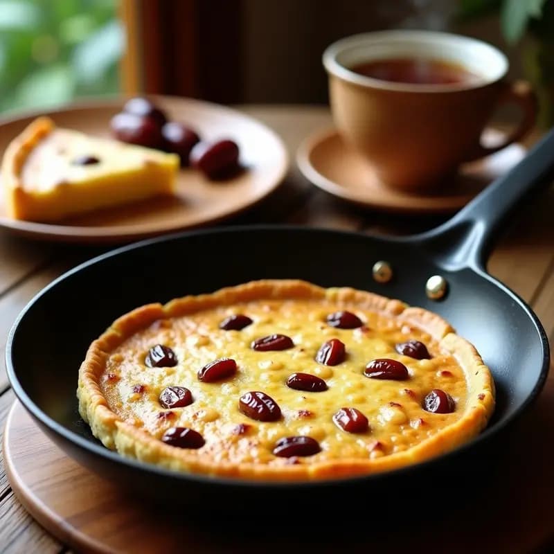 Tortilla dorada y esponjosa en sartén antiadherente con trozos visibles de dátiles caramelizados y nueces tostadas, servida sobre plato blanco rústico con fondo de té de menta. Receta de tortilla de dátiles y nueces, desayuno emirati dulce y proteico.