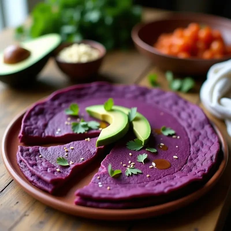 Tortilla vegana de camote morado cortada en porciones, con textura esponjosa y color vibrante, servida en plato de barro con aguacate y hierbas frescas.