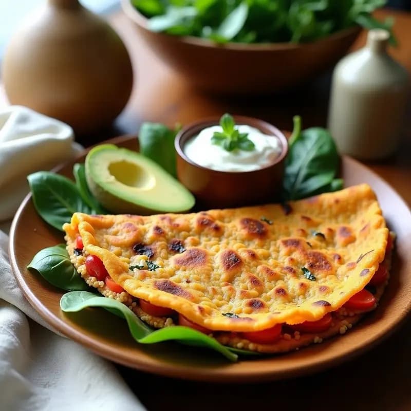 Tortilla vegana dorada de camotes y quinoa servida en plato de madera con rodajas de aguacate y hojas de espinaca fresca.