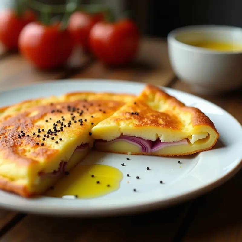 Tortilla de patata dorada y crujiente servida en plato blanco, con corte en cuña que muestra el interior jugoso y trozos de cebolla morada. Receta de tortilla de patata en airfryer.