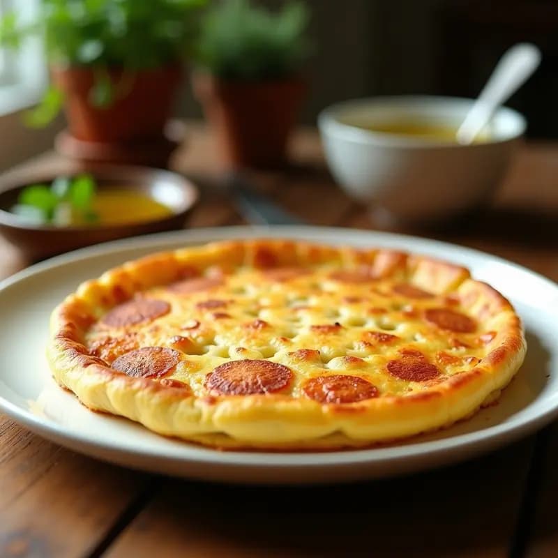 Tortilla de patata dorada con trozos de galleta salada integrados, servida en plato blanco con fondo rústico, receta tradicional con toque crujiente.