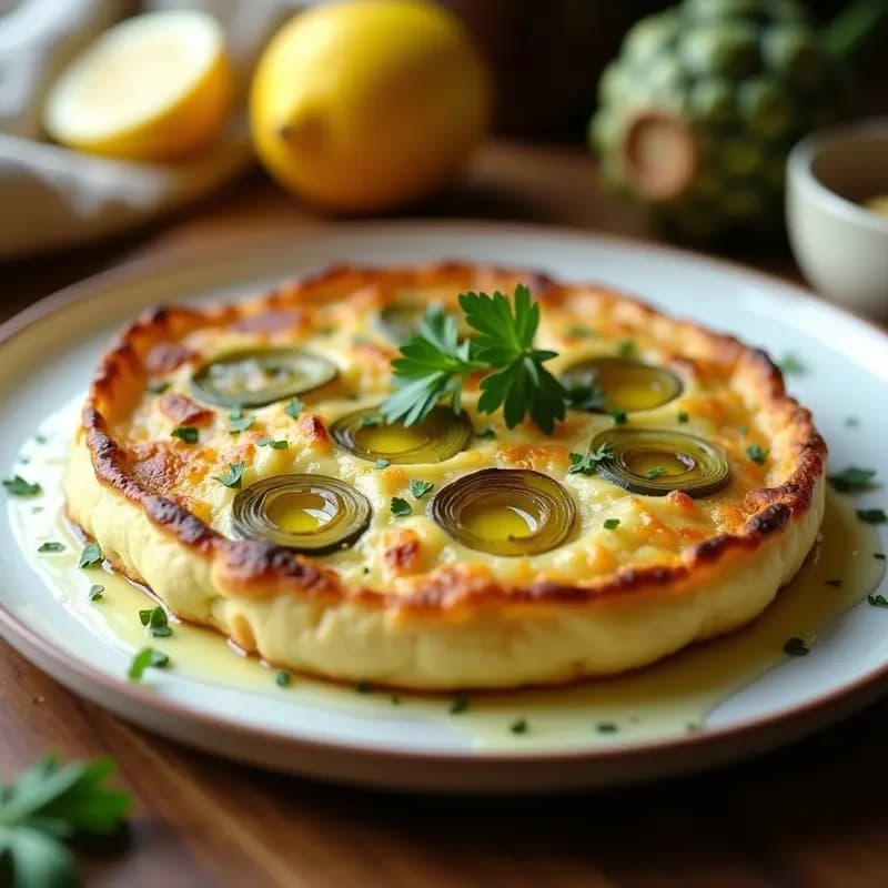 Tortilla dorada y esponjosa de patata y alcachofa servida en plato rústico, con trozos visibles de alcachofa y perejil fresco espolvoreado. Receta de olla lenta alta en fibra.